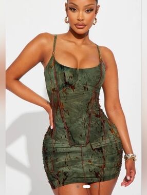 Fashion Nova Green Marble Ruched Tank And Skirt Set